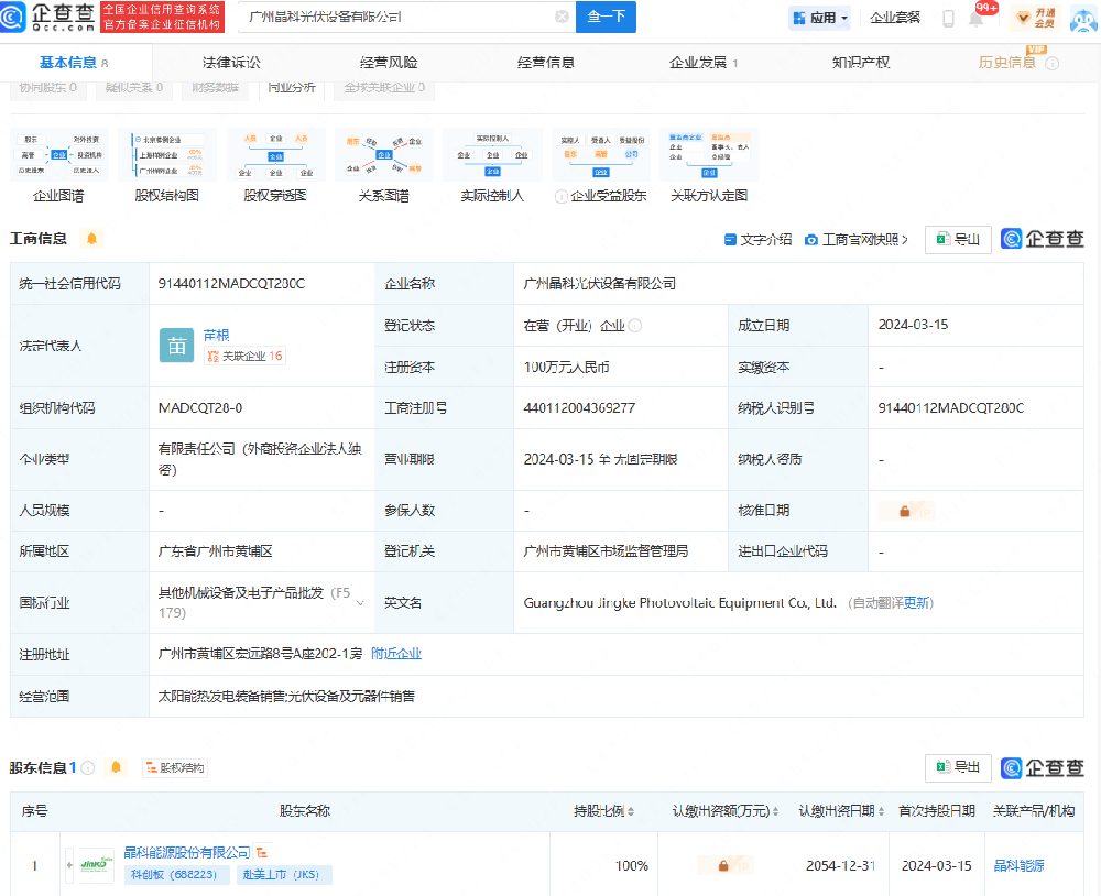 注冊資本100萬(wàn)元！晶科能源廣州成立光伏設備子公司