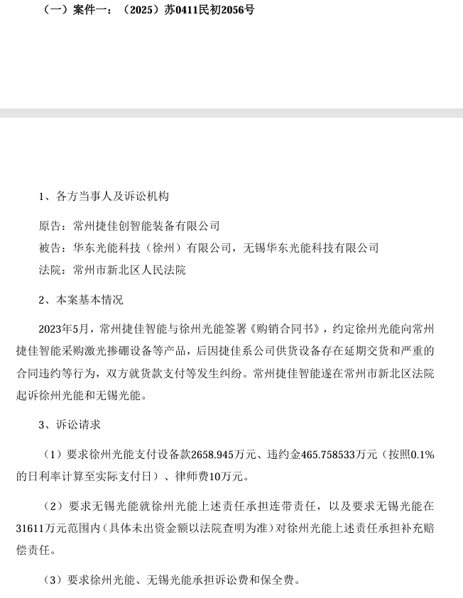 涉設備買(mǎi)賣(mài)合同糾紛！華東重機光伏子公司被告